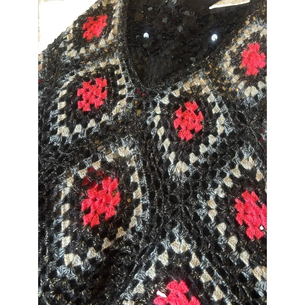 Free People Granny Square Crochet/Sequin Boho Tank Top Black/White/Pink Size S